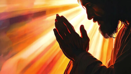 Jesus Christ praying in divine rays of heavenly light, symbolizing faith, hope, and spiritual connection in a serene setting, new beautiful stock image illustration AI