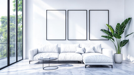 Minimalist living room interior with white sofa plant frames homedecor interiordecor design modern livingroom apartment house furniture comfort