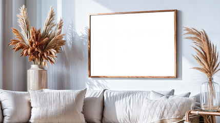 Sticker - Horizontal wooden frame mockup on white wall in living room interior with beige sofa pampas grass in vase neutral color pillows and blanket home decor Modern interior design Apartment