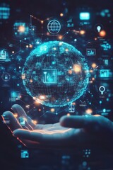 Wall Mural - hand holding a futuristic hologram of a global network with digital connections and data icons repre
