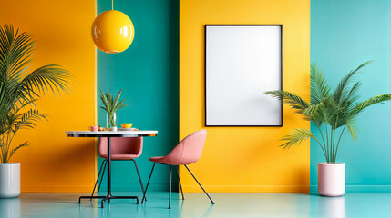 Sticker - Modern interior design room with yellow green color combination table chairs plants pot frame empty wall minimal furniture decor