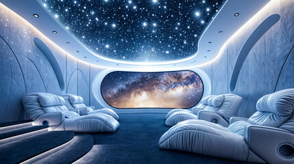 Wall Mural - futuristic home theater room design with white leather recliner chairs galaxy wallpaper large screen