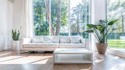 Wall Mural - Bright living room interior white sofa coffee table green plants big window natural light furniture home decor minimal design apartment nobody home houseplant