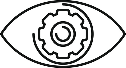 Sticker - Line art vector icon of an eye with gear mechanism as pupil representing visionary business