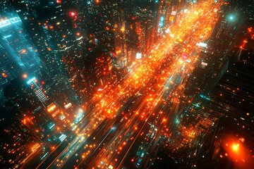 Sticker - An overhead image of a bustling cityscape at night, with illuminated streets forming a network of glowing lines and patterns. Concept of urban energy and city lights.