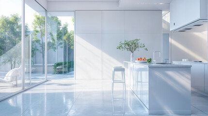 Wall Mural - Modern minimalist white kitchen interior design with large windows overlooking green garden patio furniture breakfast bar natural light home decor contemporary architecture spacious open plan clean