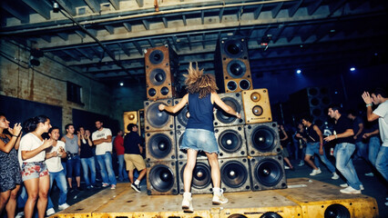 Explosive bass soundwave visualized on massive speaker stack at underground warehouse rave