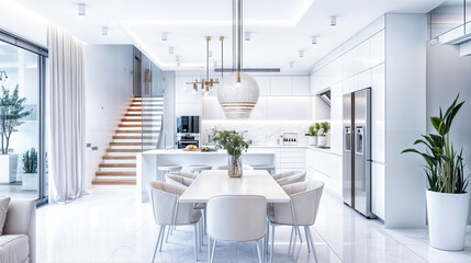 Modern white kitchen interior design dining area staircase minimalist home