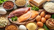 © sawaratch - Close up of various high protein foods including chicken, eggs, fish, beans, and tofu , Healthy, nutrition, diet, protein, source