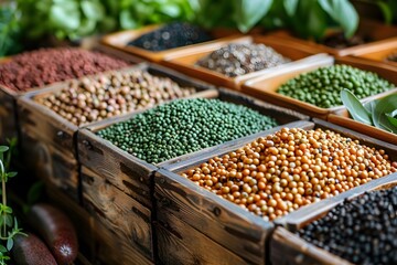 Wall Mural - Vibrant Display of Colorful Legumes and Grains in Wooden Baskets