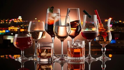 Different glasses of alcoholic drinks backlit with reflection