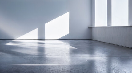 Sticker - Empty room concrete floor white walls window sunlight shadows architecture interior design minimalist space