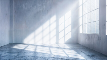 Wall Mural - Empty room white walls concrete floor window natural light indoors bright spacious architecture background minimalist interior design real estate property modern home