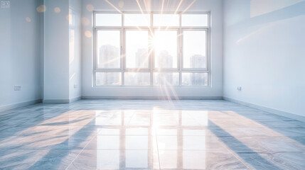 Poster - Empty apartment room with sun shining through window bright white walls new building apartment construction real estate architecture