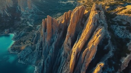 Sticker - Aerial View of Rugged Coastal Cliffs with Golden Hues