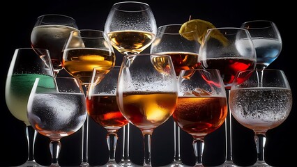 Different glasses of alcoholic drinks backlit with reflection