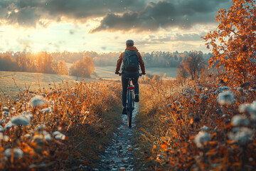 Sticker - A person taking a leisurely bike ride through a scenic countryside, enjoying the fresh air and beautiful landscape. Concept of freedom and tranquility.