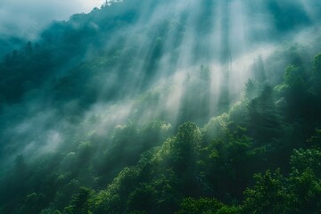 Sticker - Ethereal Forest Light: Sunbeams Piercing Through Misty Greenery