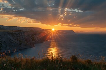 Wall Mural - Breathtaking Sunset Over the Serene Ocean and Cliffs