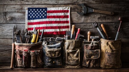 American Flag and Tool Bags with Tools on a Wooden Wall