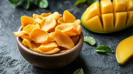 
A composition featuring dried mango chips alongside fresh sliced mango creates a beautiful contrast between the textures and colors of the fruit in its two different forms