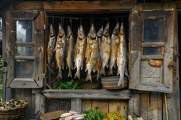 Wall Mural - Traditional Fish Drying Display in a Rustic Wooden Stall