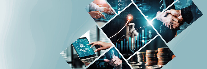 Wall Mural - Futuristic business digital financial data technology concept for future big data analytic and business intelligence research for businessman analyst invest decisions making panoramic banner kudos