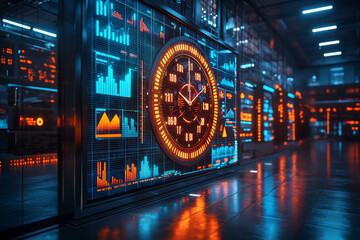 Poster - An oversized clock where each hour is replaced by a different statistical graph or piece of information. Concept of time and data integration.