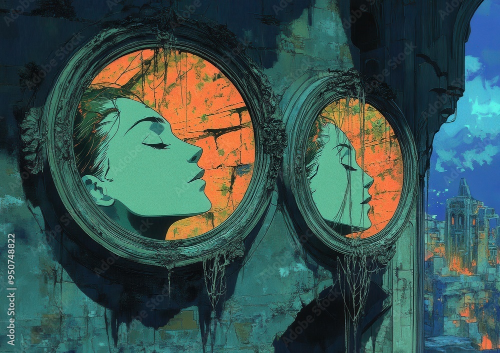Dreamlike surreal art of two faces in ancient circular frames on a ...