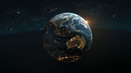 Wall Mural - Earth with city lights glowing against a starry backdrop