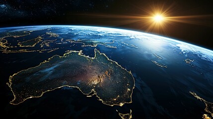 Wall Mural - Earth's Nighttime Landscape with Australia Illuminated by City Lights and Rising Sun