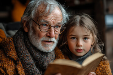 Canvas Print - A grandfather telling tales of his childhood while his grandchildren listen with fascination. Concept of family history and storytelling.