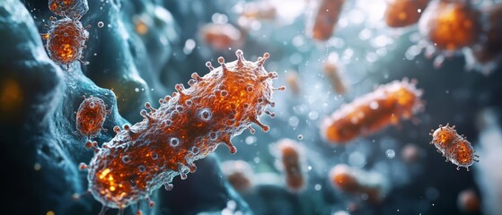 A closeup of a prion interacting with a microorganism, highlighting the spread of contamination and the immune systems efforts to contain the pathogen