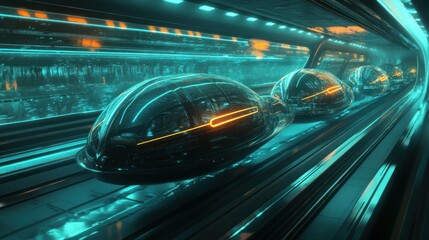 Canvas Print - Futuristic Pods Moving on a Glowing Track