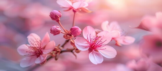 Poster - Blooming Pink Flowers Of Sakura Cherry Blossom Season In Springtime Close Up Nature Background