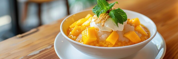 Wall Mural - Refreshing Mango Sago Ice with Asian Cendol and Coconut Milk Cream in a White Bowl, a Sweet Halal Vegan Dessert Option