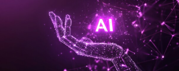 Futuristic AI technology concept with a robotic hand holding the glowing word AI in digital landscape