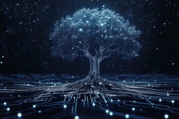 Wall Mural - artificial intelligence tree with glowing circuits symbolizing technology and nature synergy in a di