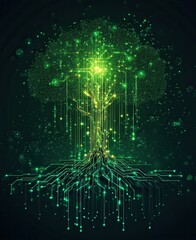 Wall Mural - futuristic artificial intelligence tree blending technology and nature with glowing green circuits a