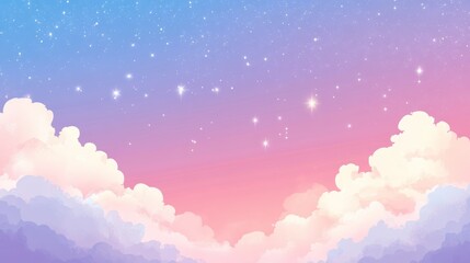 Wall Mural - Dreamy Pastel Sunset Sky with Fluffy Clouds and Twinkling Stars