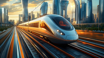 Wall Mural - High speed modern train in futuristic city, sci fi background.