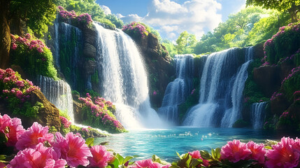 Wall Mural - Waterfalls and flowers, beautiful landscape, magical and idyllic background with many flowers in Eden.