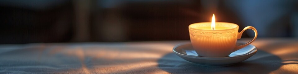 Poster - Candle glowing gently on a saucer, casting a delicate shadow.