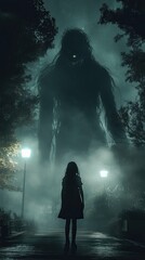 At a nighttime park, a young girl with a protective amulet faces the ghost of an old urban legend, revealing its legendary origins amidst a backdrop of fog and shadows.