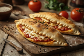 a professional photography of calzone on a matching rustic background