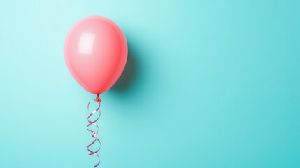 Wall Mural - single pink balloon with curling ribbon floating against a light blue sky