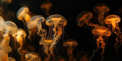 Poster - A group of illuminated jellyfish in the dark