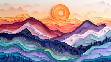 Wall Mural - paper art carft quilling mountain landscape in pastel colors and beautiful layers of color at sunset