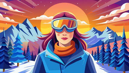 Woman in ski goggles and helmet in backlit snow scene in New Hampshire