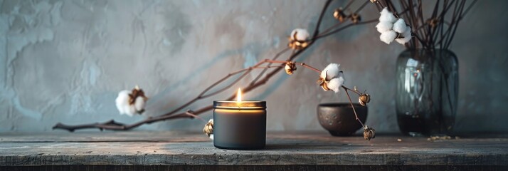 Wall Mural - Handcrafted Soy Wax Candle on Wooden Surface featuring Cotton Branch Mockup Design with Shadow Effect in Natural Style